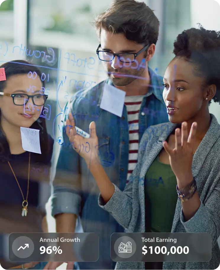 Business Team Analyzing Growth and Revenue Data on a Strategy Board